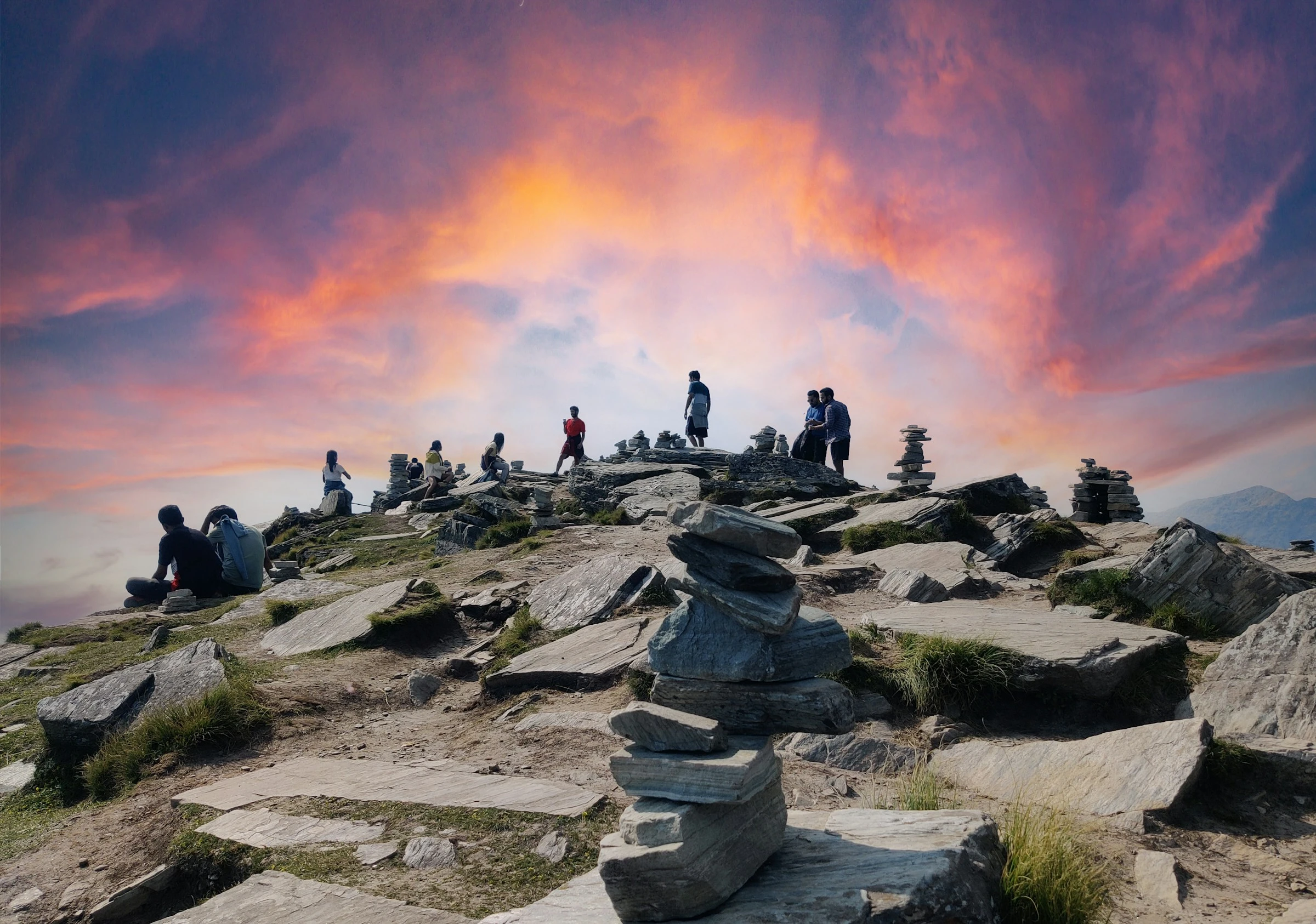 Group enjoying mountain sunset in Chopta Uttarakhand